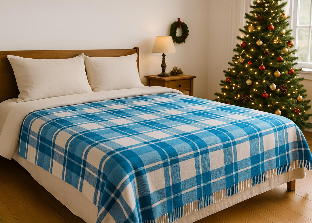 Blue and white New Zealand wool tartan blanket