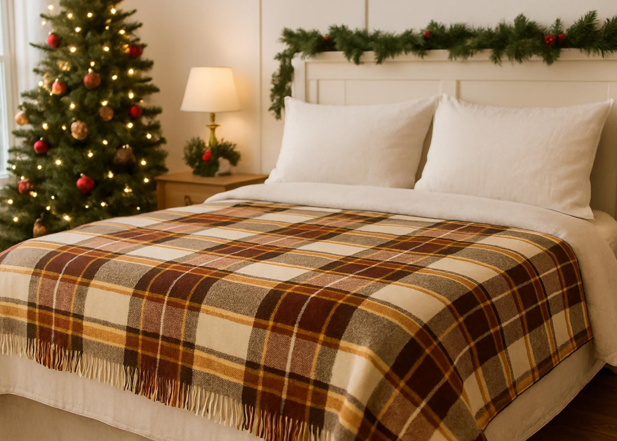 Brown and mustard New Zealand wool tartan blanket