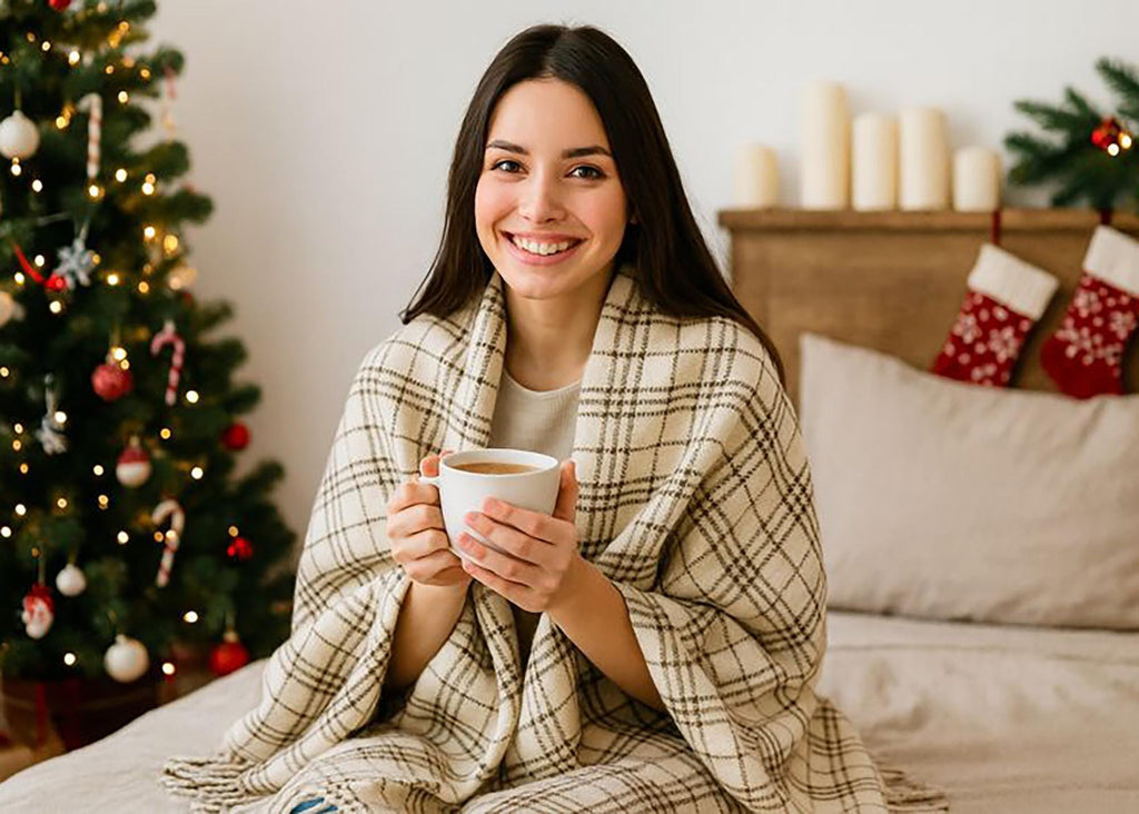 Milk and brown half wool tartan blanket