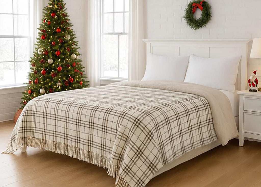 Milk and brown half wool tartan blanket