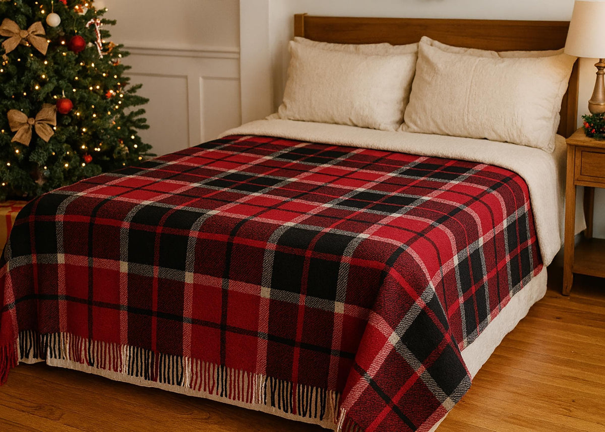 Red and black half wool tartan blanket