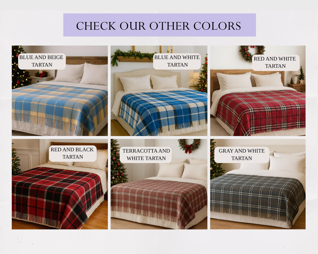 Blue and beige half wool tartan blanket