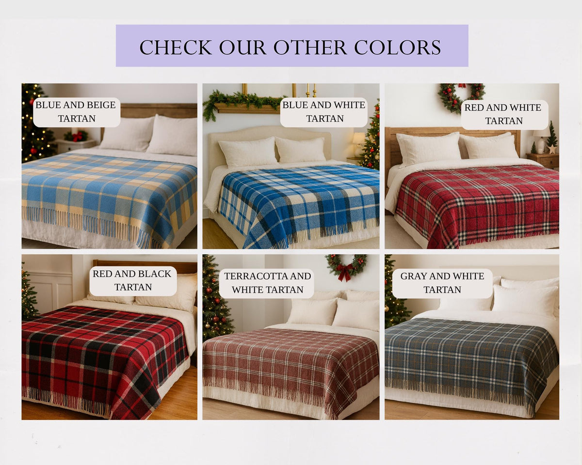 Blue and beige half wool tartan blanket