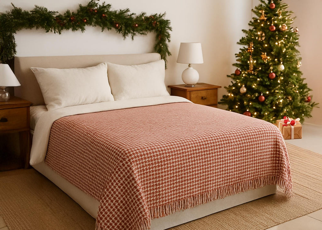 Beige and red houndstooth merino wool blanket