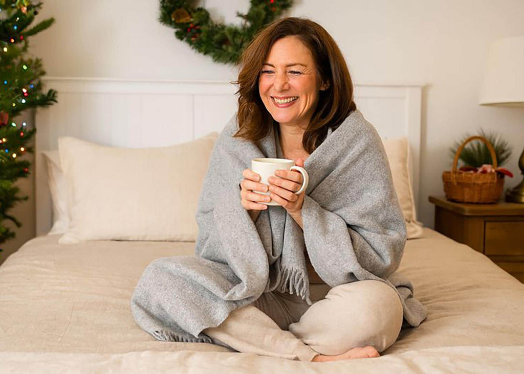 Light gray plaid merino wool blanket