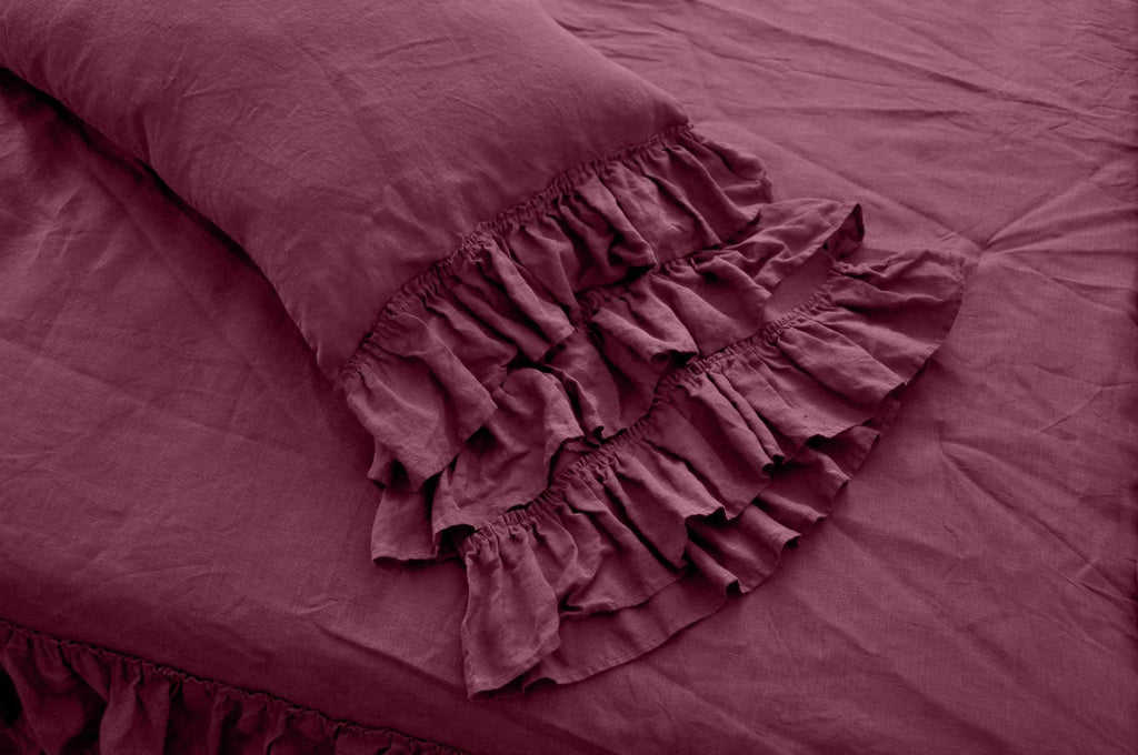 READY TO SHIP Burgundy linen triple ruffled bedding set Duvet cover and 2 pillowcases with ruffles Softened linen Comforter cover set Quilt