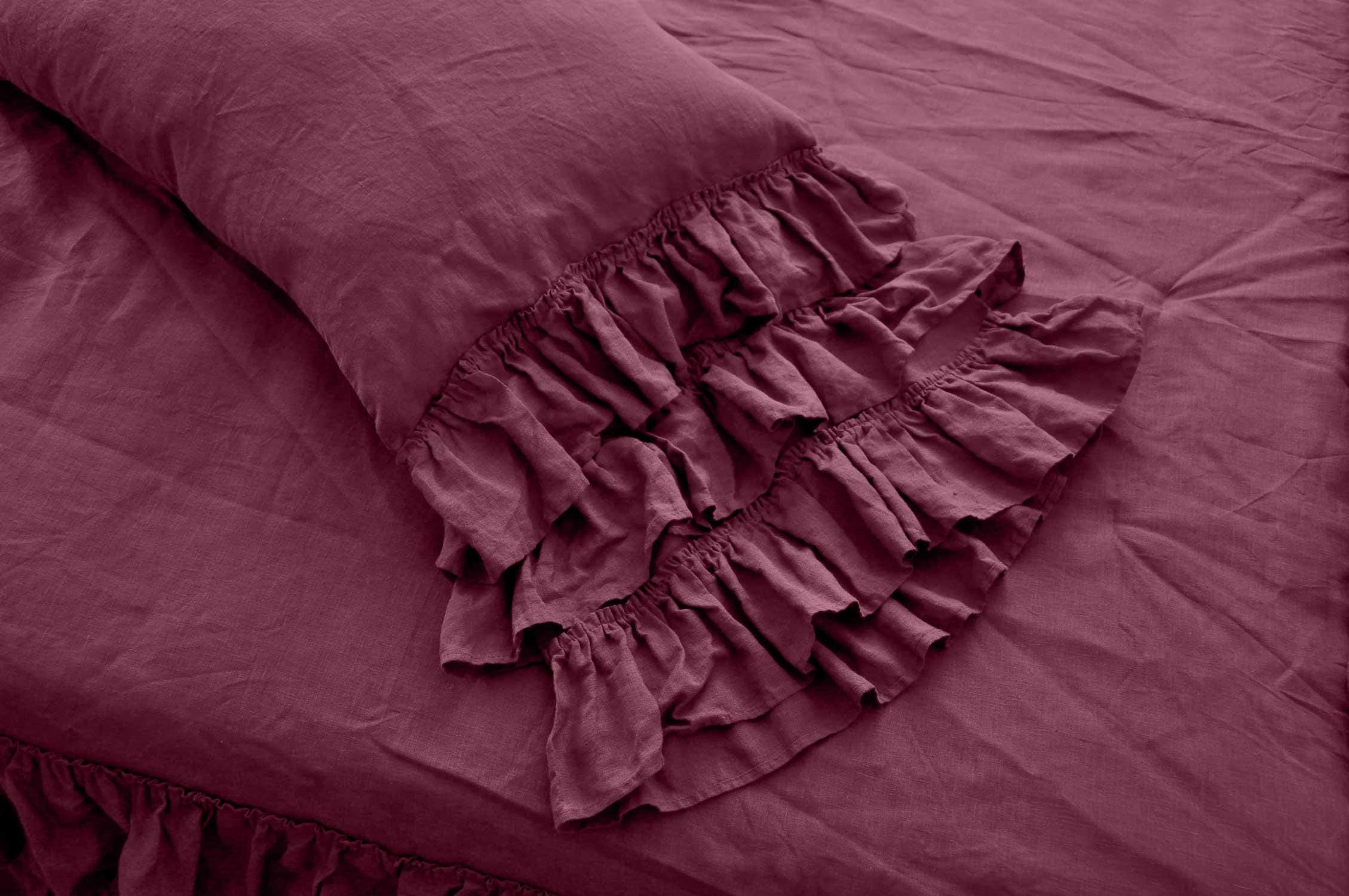 READY TO SHIP Burgundy linen triple ruffled bedding set Duvet cover and 2 pillowcases with ruffles Softened linen Comforter cover set Quilt