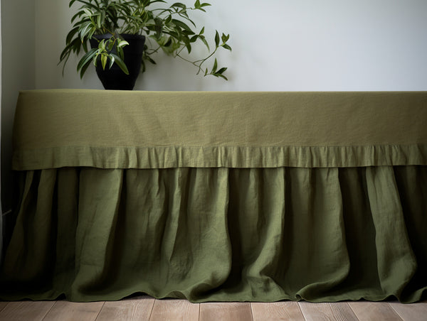 Dark olive linen ruffle bed skirt