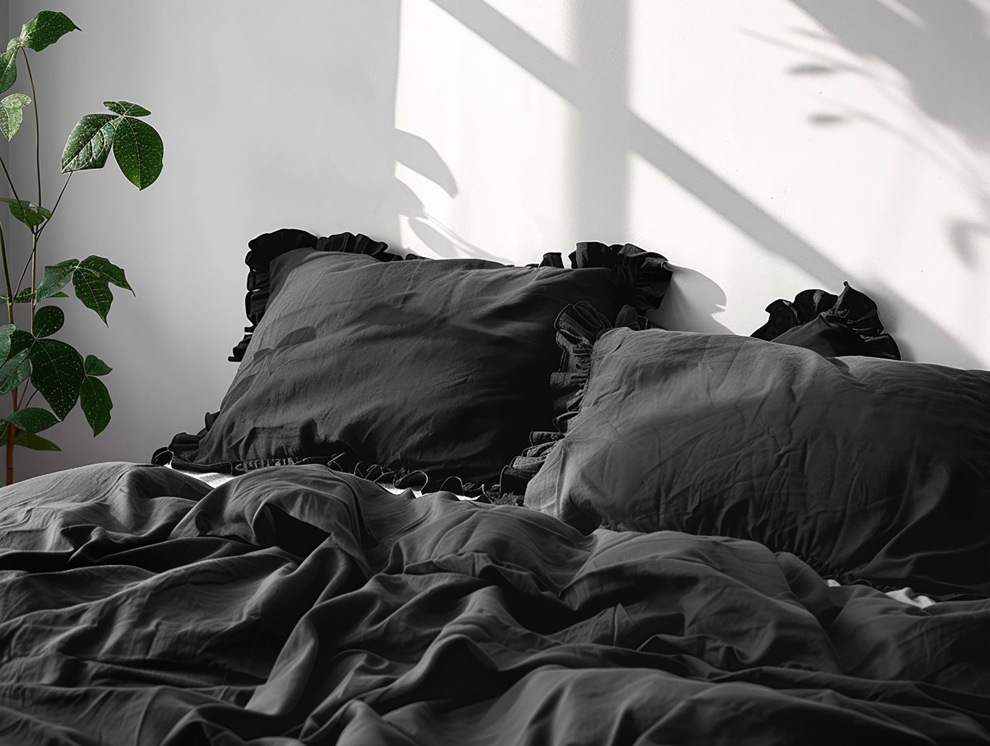 Black linen triple ruffled duvet cover