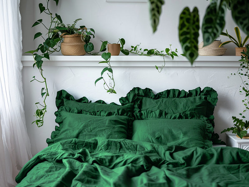 Forest green linen triple ruffled duvet cover