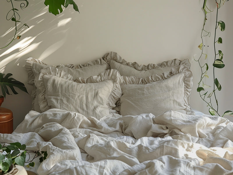 Undyed linen triple ruffled duvet cover