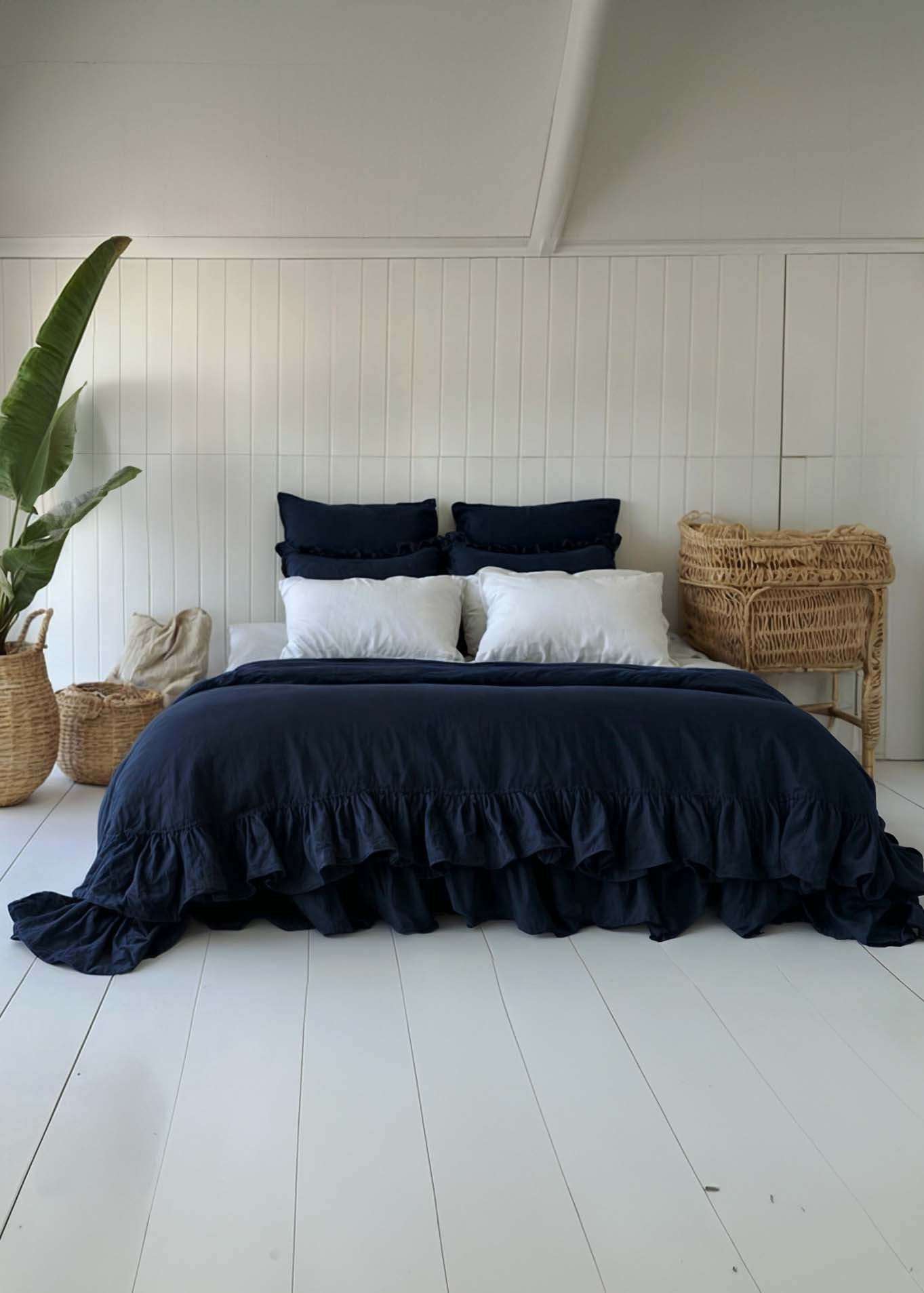 Housse de couette double à volants en lin bleu marine