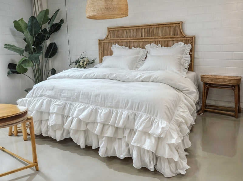 White linen triple ruffled duvet cover