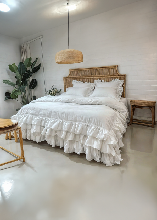 White linen triple ruffled duvet cover