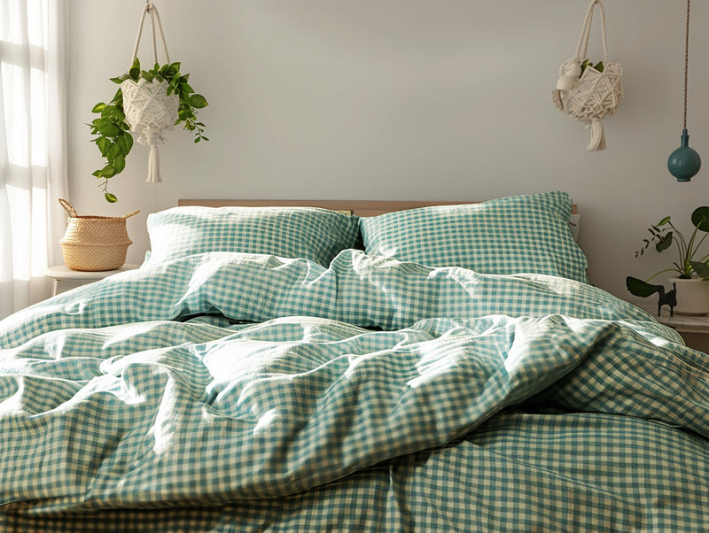 Beige-turquoise gingham flat sheet