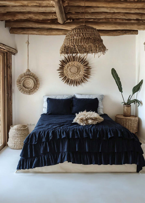 Navy linen triple ruffled bedding set