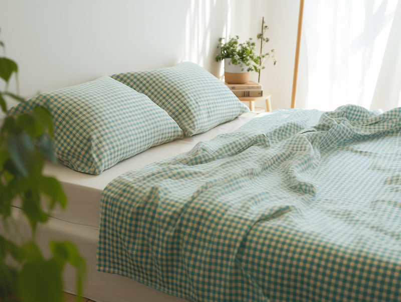 Beige-turquoise gingham flat sheet