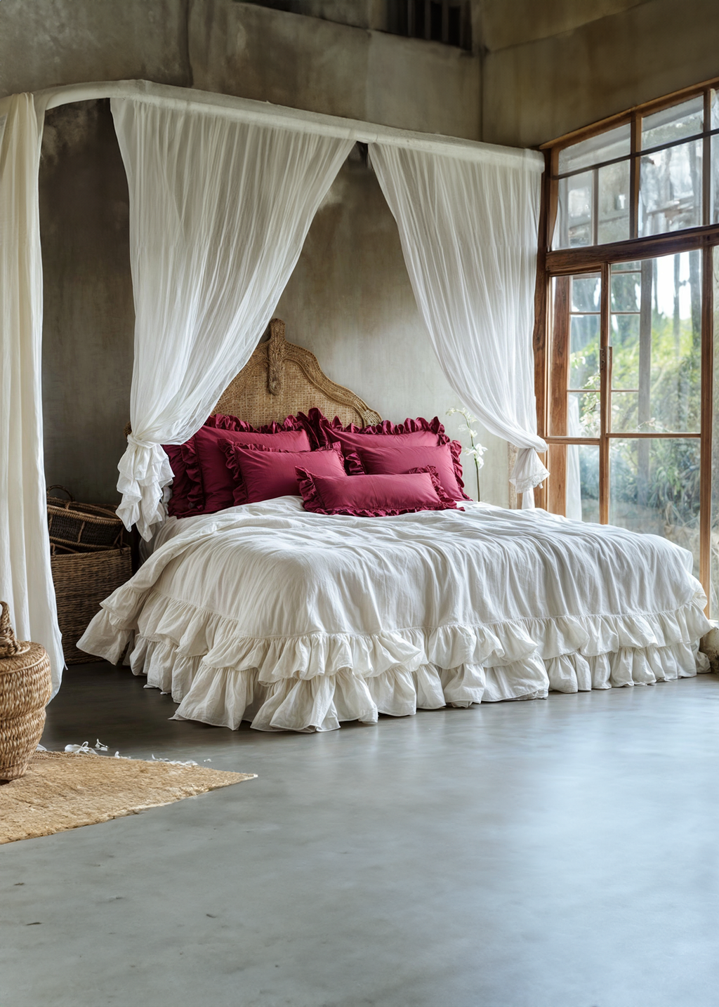 Housse de couette double à volants en lin blanc