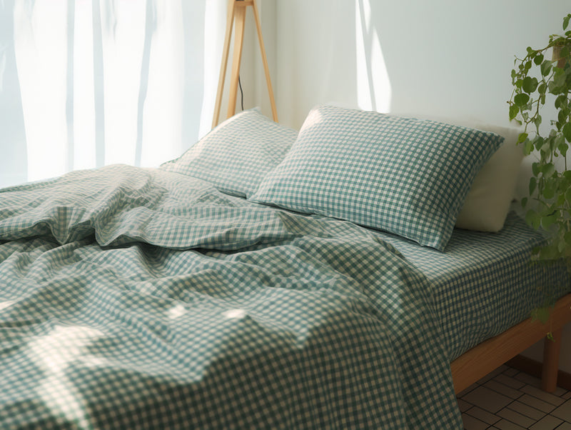 Beige-turquoise gingham sheet set