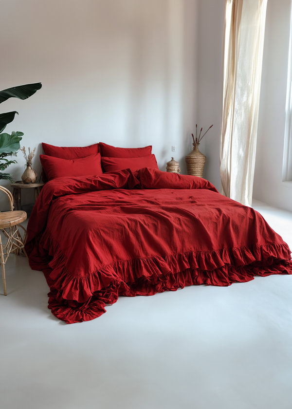 Maroon linen double ruffled bedding set