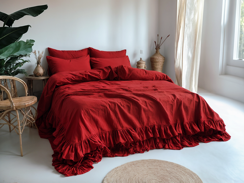 Maroon linen triple ruffled duvet cover