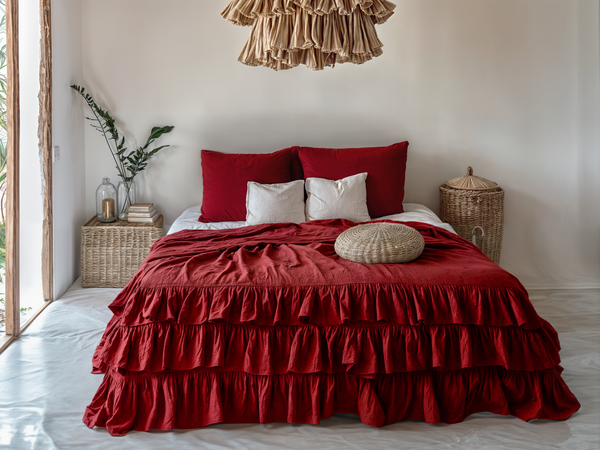 Maroon linen triple ruffled duvet cover