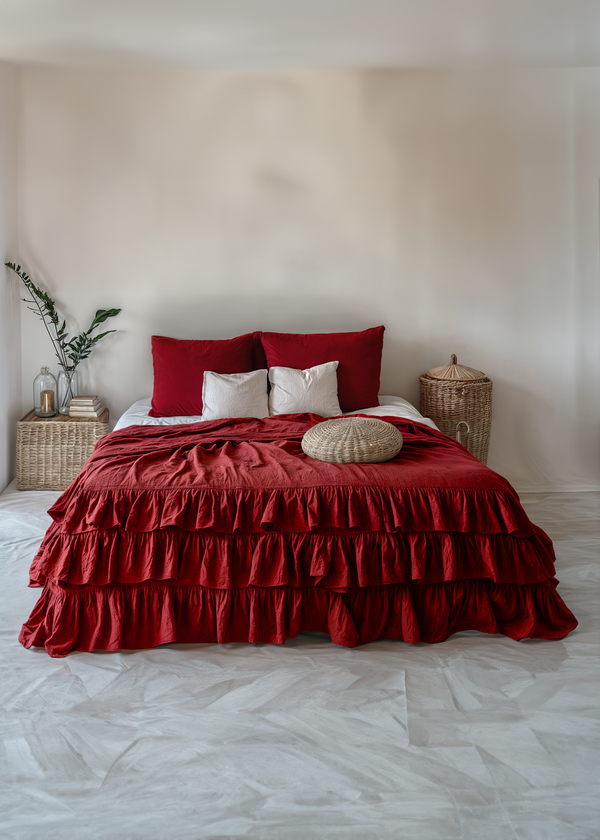 Maroon linen triple ruffled bedding set