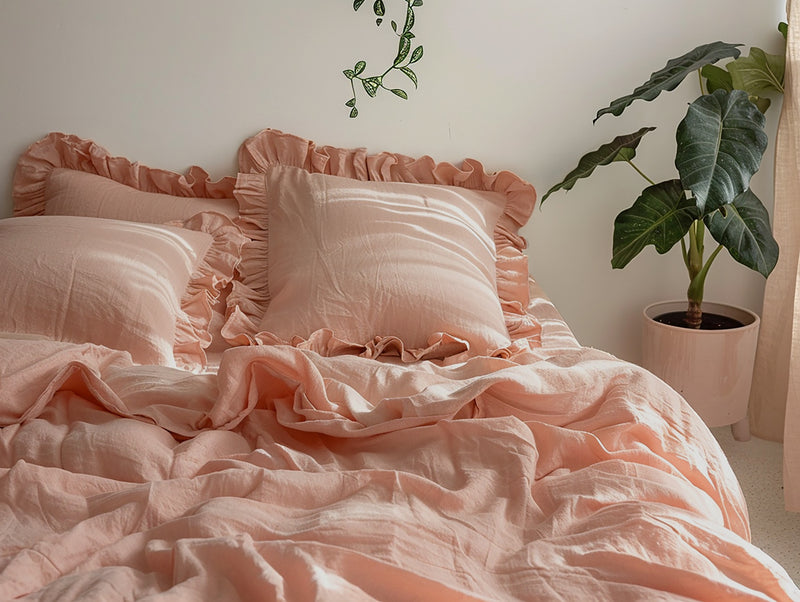 Peach linen triple ruffled duvet cover