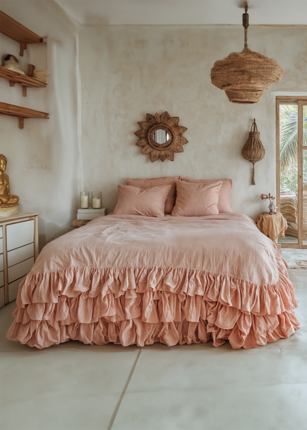 Peach linen triple ruffled bedding set