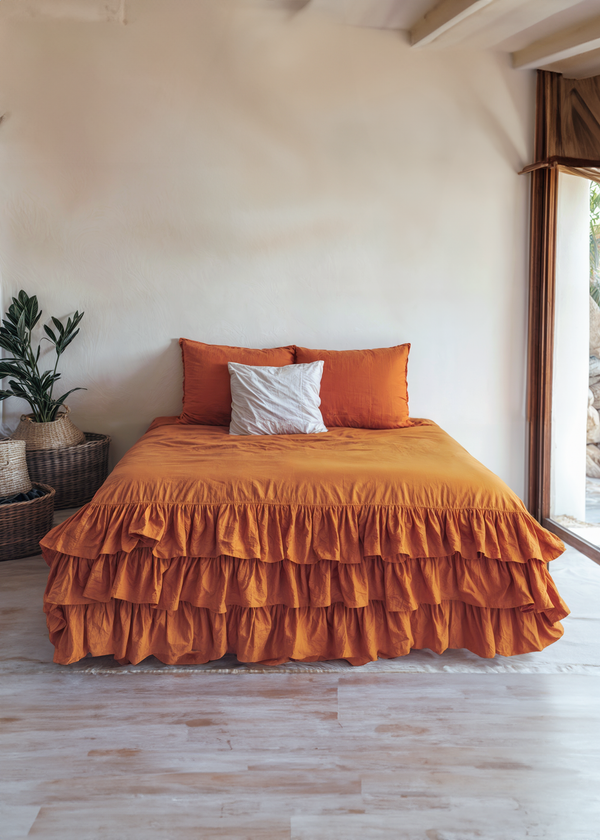 Burnt orange linen triple ruffled bedding set