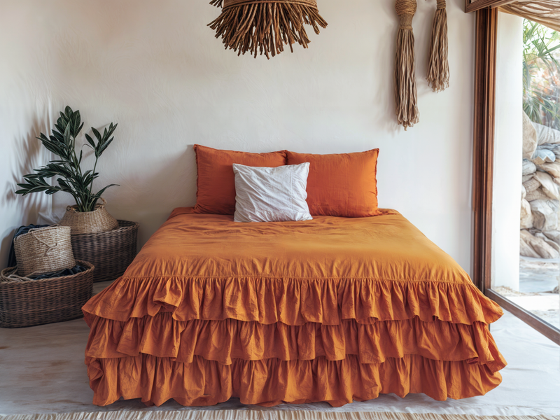 Rust linen triple ruffled duvet cover