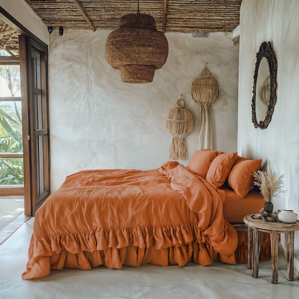 Rust linen triple ruffled duvet cover