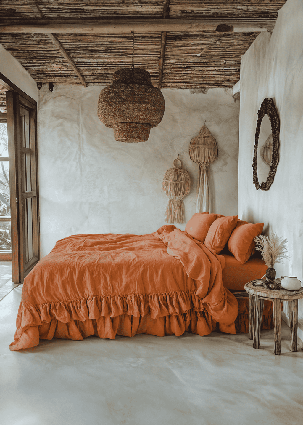 Burnt orange linen double ruffled duvet cover