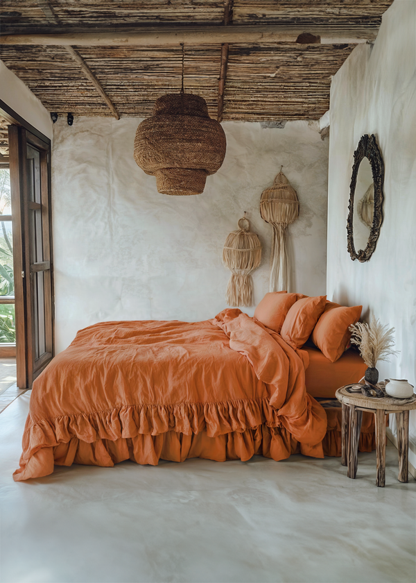 Burnt orange linen double ruffled bedding set