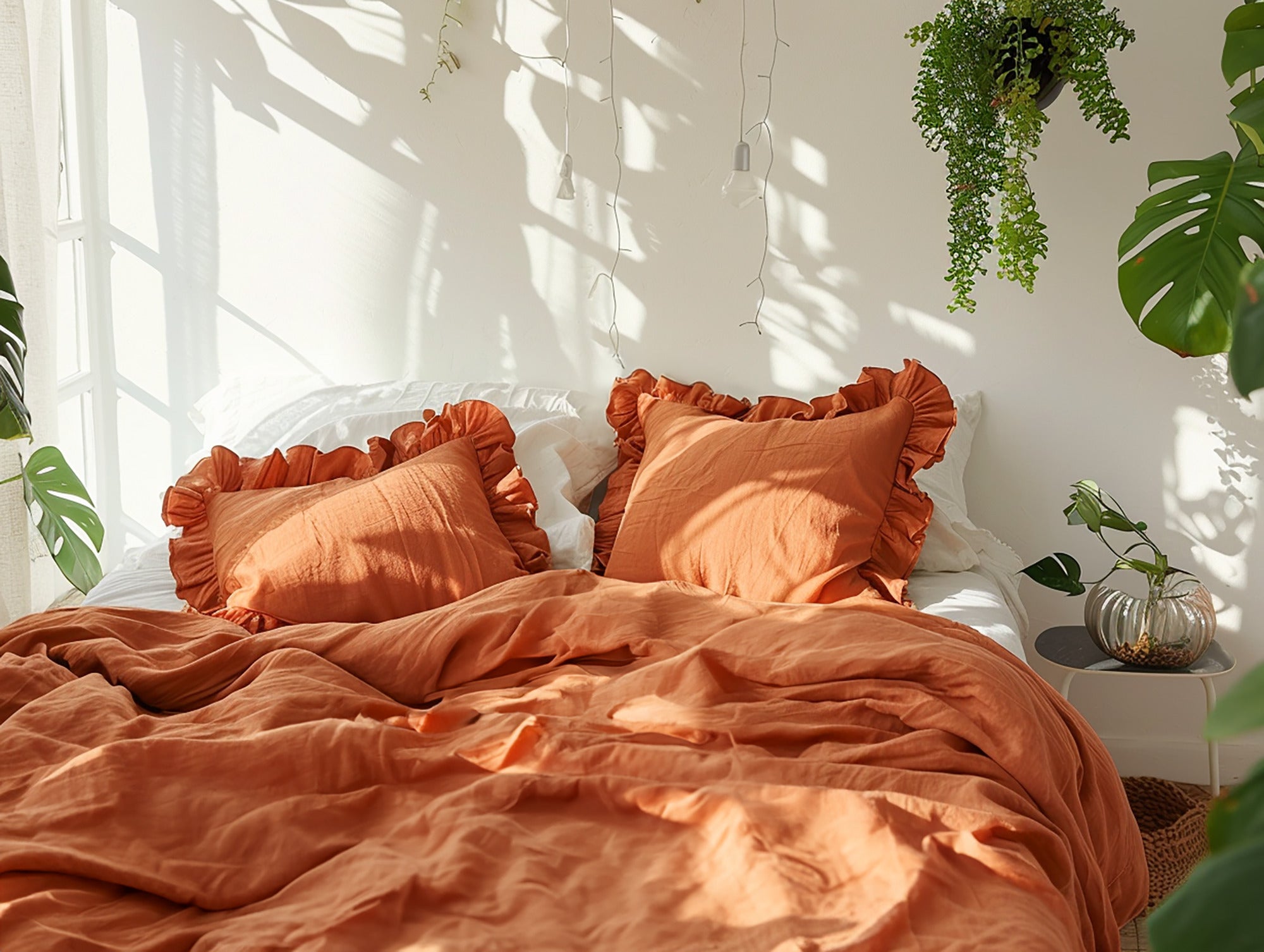 Burnt orange linen double ruffled duvet cover