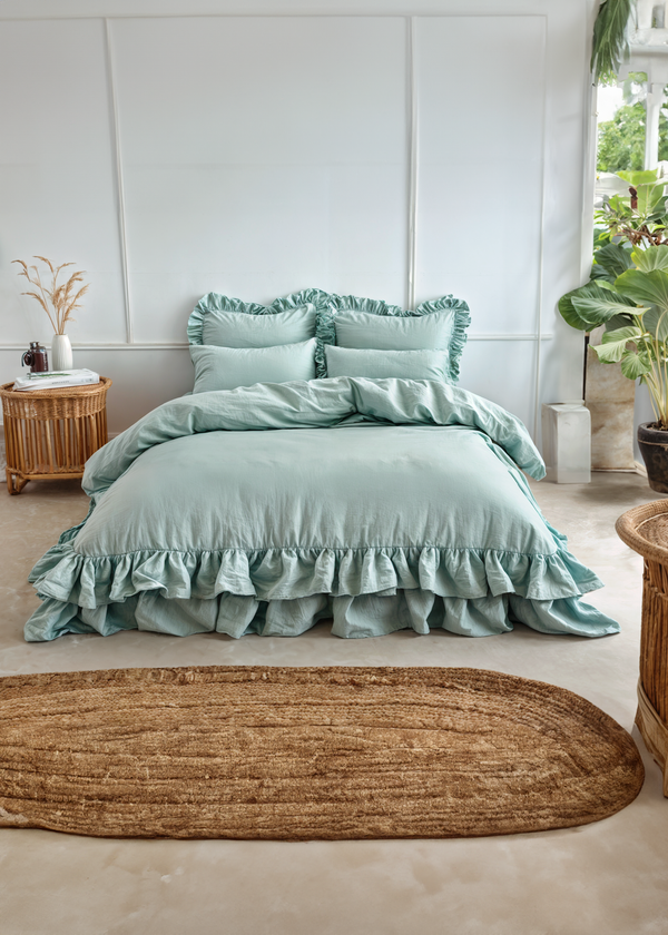 Sea glass linen double ruffled bedding set