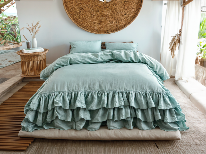 Sea glass linen triple ruffled duvet cover