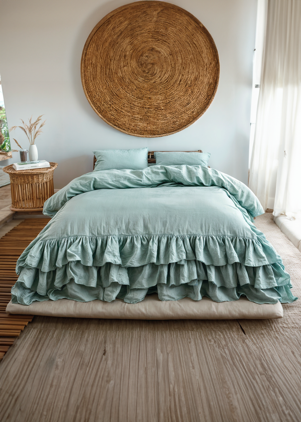 Sea glass linen triple ruffled bedding set