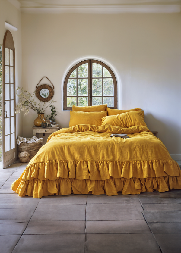 Turmeric linen double ruffled duvet cover