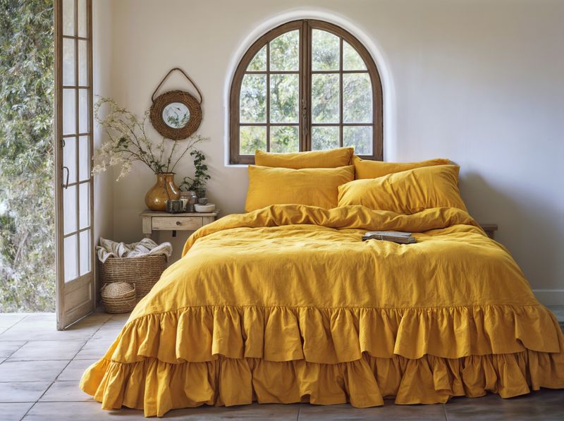 Turmeric linen triple ruffled duvet cover