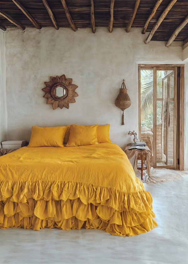 Turmeric linen triple ruffled bedding set