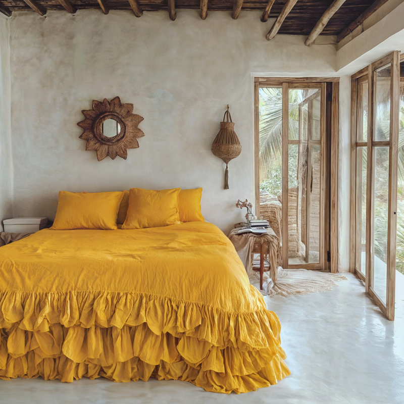 Turmeric linen triple ruffled duvet cover