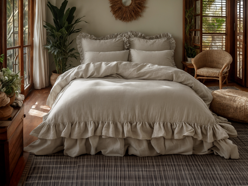 Undyed linen triple ruffled duvet cover