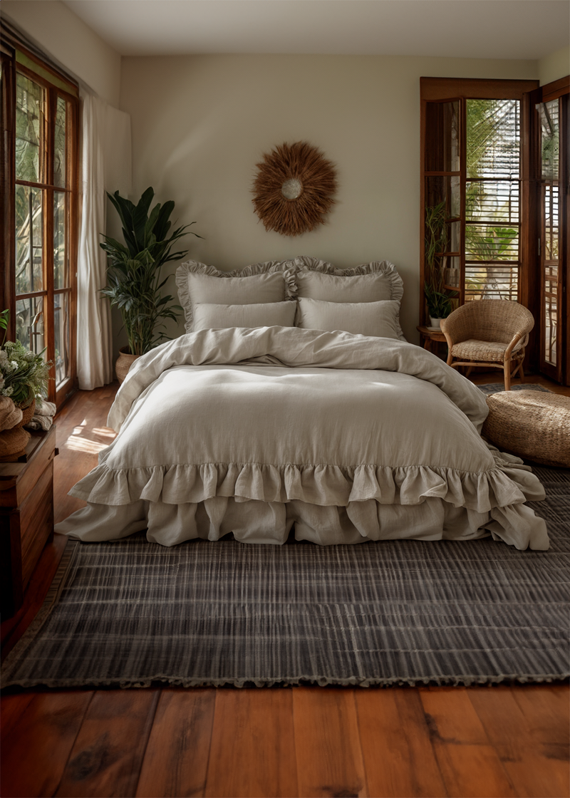 Undyed linen double ruffled bedding set