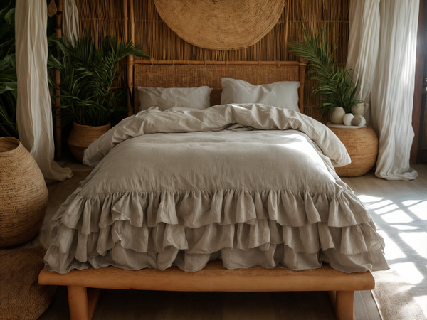 Undyed linen triple ruffled duvet cover