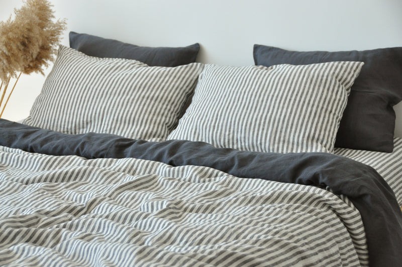 Double-sided charcoal and white&gray stripe duvet cover