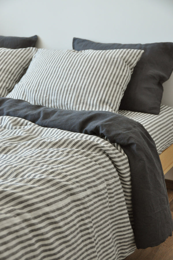 Double-sided charcoal and white&gray stripe duvet cover