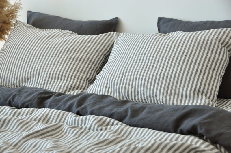 Double-sided charcoal and white&gray stripe duvet cover