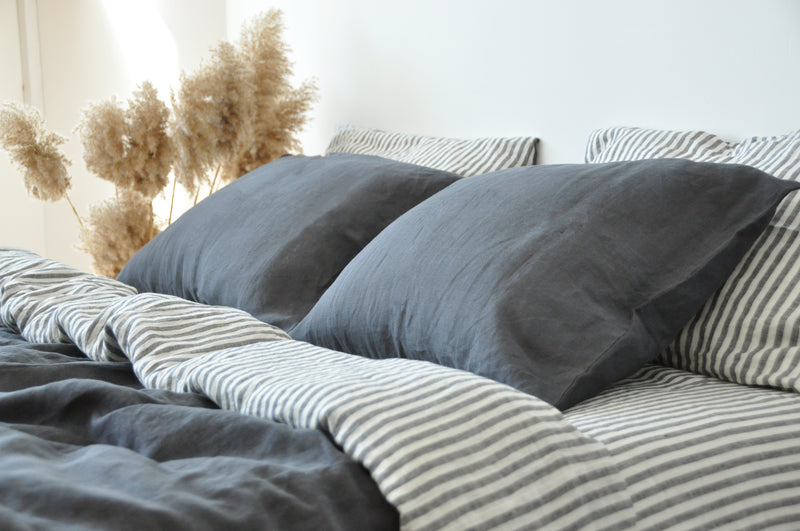 Double-sided charcoal and white&gray stripe duvet cover