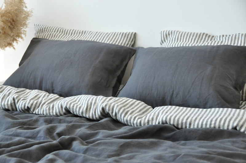 Double-sided charcoal and white&gray stripe duvet cover